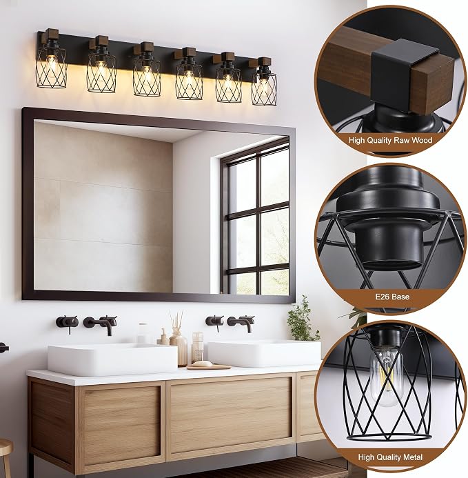 Farmhouse 6-Light Wood Bathroom Vanity Light, Black Metal Cage Shade | Mounted Over Mirror, Industrial Rustic Style, Ideal for Bathroom, Bedroom, Hallway & Living Room, Easy To Install