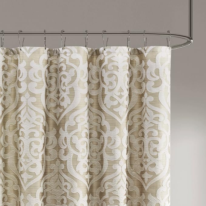 Madison Park Fabric Damask Medallion Shower Curtain, 72"x72" Tan/Ivory | Luxe Textured Jacquard, Machine Washable Modern Home Bathroom Decor, Bathtub Privacy Screen