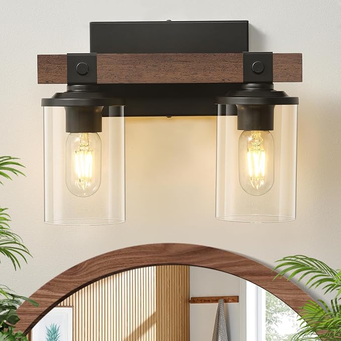 Farmhouse Vanity Light for Bathroom Wooden Rustic Vanity Lighting fixtures | 2-Light Bathroom Lights Over Mirror Vintage Wall Sconce Lighting with Clear Glass Shade for Bedroom Hallway