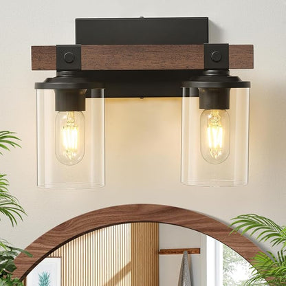 Farmhouse Vanity Light for Bathroom Wooden Rustic Vanity Lighting fixtures | 2-Light Bathroom Lights Over Mirror Vintage Wall Sconce Lighting with Clear Glass Shade for Bedroom Hallway