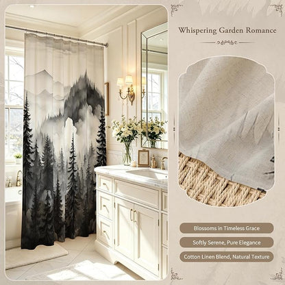 Litabel Black Linen Misty Pine Forest Shower Curtain, Mountain Foggy Woodland Cotton Shower Curtains for Chic Rustic Bathroom, Abstract Modern Waterproof Nature-Themed Decor, 72 x 72