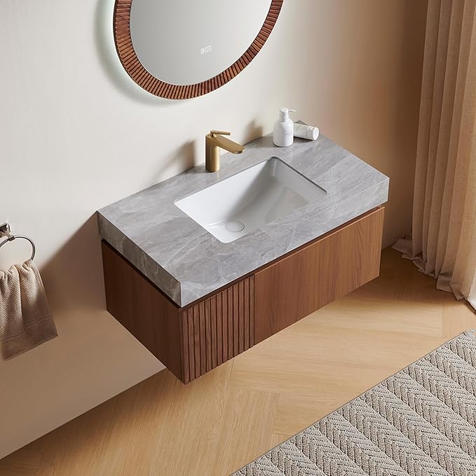36” Floating Bathroom Vanity with Sink, Wall-Mounted Cabinet with Drawer & Doors, Gray Travertine-Pattern Sintered Stone Top, Undermount Basin, Single Faucet Hole, Soft-Close, Pre-Assembled, Brown Oak
