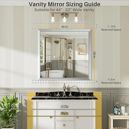40x38 Inch Brushed Silver Bathroom Mirror for Wall, Thick Metal Framed Rectangle Mirrors for Over Sink, Bedroom, Living Room, Entryway, Anti-Rust, HD Tempered Glass