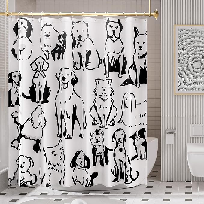 AmazerBath Shower Curtain, Washable Cloth Cute Dogs Kids White and Black Shower Curtain Set with 12 Shower Curtain Hooks, Kawaii Pet Puppy Waterproof Shower Curtains for Bathroom Decor, 72x72 Inches