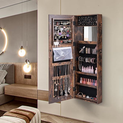 GOFLAME LED Mirror Jewelry Cabinet 47”, Wall/Door Mounted Full Length Mirror with Storage, 3-Color Lights, Interior Makeup Mirror, Jewelry Storage Organizer, Lockable Jewelry Armoire, Rustic Brown