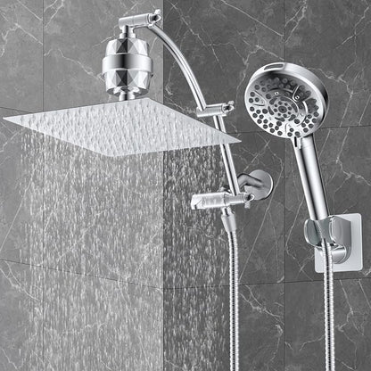 Hibbent 12" Dual Filtered Shower Head Combo, 10-spray Handheld, Chrome | All Metal High Pressure Rainfall Shower Head Combo with Filter, 16" Extension Arm, 3-way Diverter, 71" Hose & Shower Holder