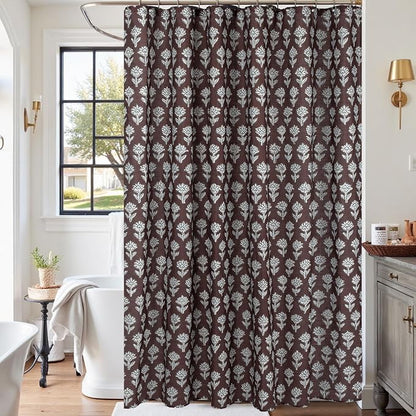 MUGINYU Brown Floral Shower Curtain Vintage Block Print - 72x72 Inches,Cotton Blend Cloth Fabric,Neutral Farmhouse Decorative French Country Bathroom Decor, Cottagecore Aesthetic Pattern
