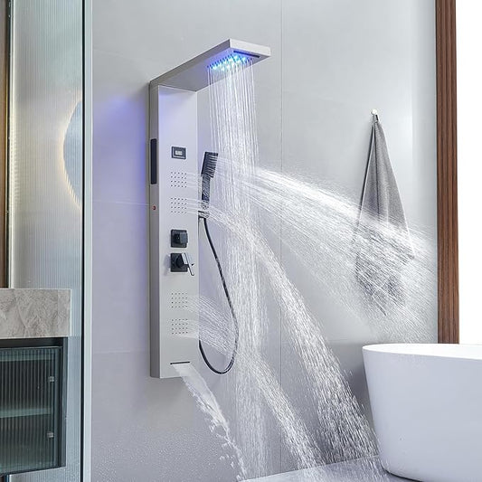 Shower Panel Tower System 5 in 1 Stainless Steel Rainfall Shower Panels with 5-Functions, 4 Enlarged Body Massage Jets, Handheld Head, Wall Mounted Brushed Nickel