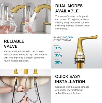 KENES Gold Bathroom Faucets for Sink 3 Hole, Brushed Gold 8 Inch 2 Handle Widespread Bathroom Faucet, Bathroom Vanity Faucet with Pop Up Drain & Supply Lines, LJ-9075-4