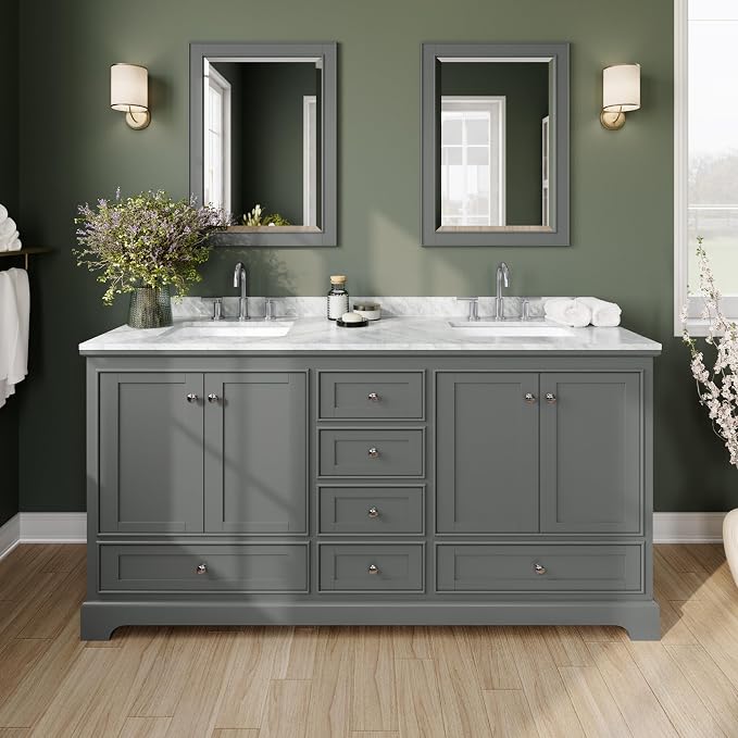 Wyndham Collection Deborah 72 inch Double Bathroom Vanity in Dark Gray, White Carrara Marble Countertop, Undermount Square Sinks, and No Mirror