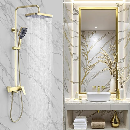 Shower Systems with 12 x8 Inches Rain Shower Head,Brushed Gold Exposed Pipe Shower System,3 Functions Tub Shower Faucet Sets,Overhead Shower System with Handheld