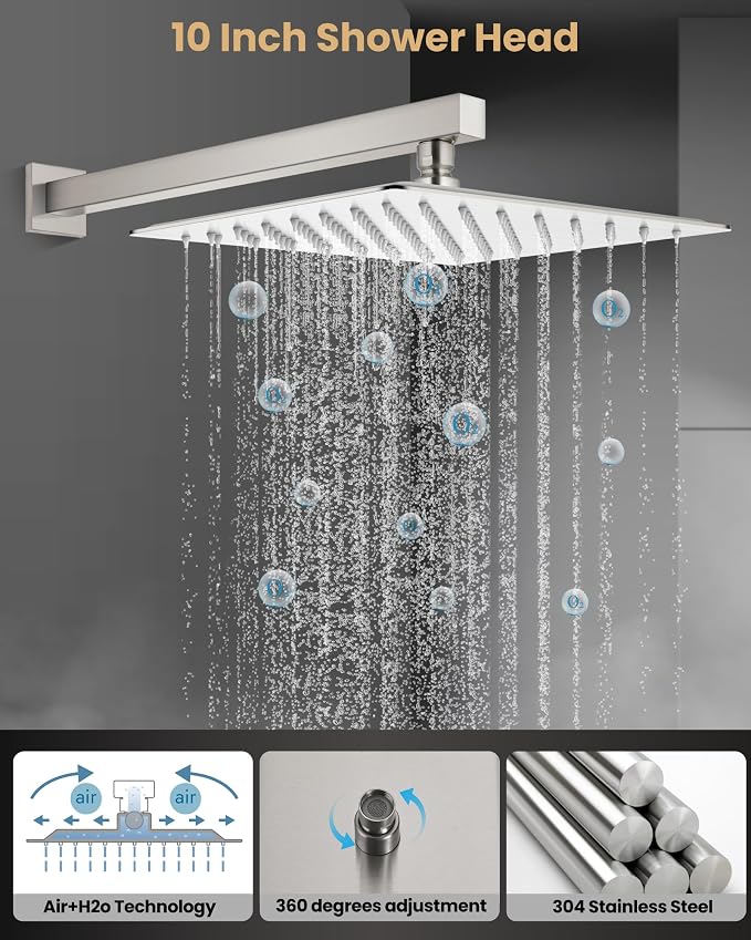 Airuida 10 Inch Brushed Nickel Shower Faucet Set,Shower Valve Kit | Rainfall Shower Head and Handle Set,Female Thread Rough-in Valve Shower Kit,Single Function Shower System