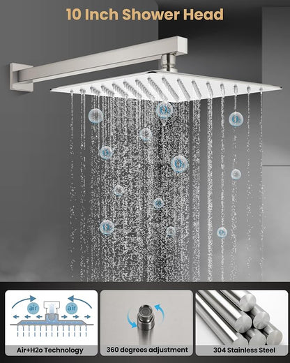 Airuida 10 Inch Brushed Nickel Shower Faucet Set,Shower Valve Kit | Rainfall Shower Head and Handle Set,Female Thread Rough-in Valve Shower Kit,Single Function Shower System