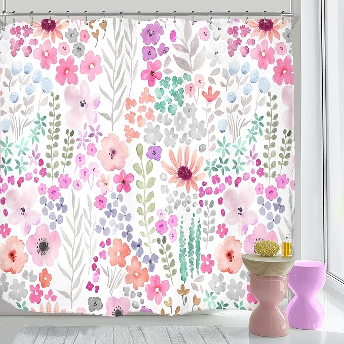 Extra Wide Clawfoot Tub Purple Floral Wrap All Bathroom Shower Curtain Set | 180"W x 70"H Cute Around; waterproof HD print, quick-dry fabric with 12 hooks for easy hanging.