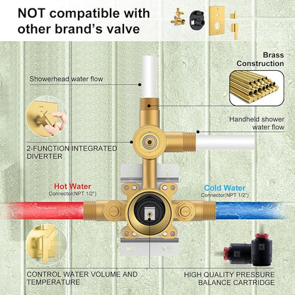 KENES Brushed Gold Square Rainfall Shower System Faucet Set with Handheld | Shower Faucet with 10-Inch Rain Shower Head, Square Shower System, Valve Included, Lead-Free cUPC & NSF Certified, Stainless