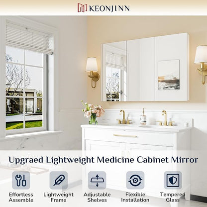 Keonjinn 48" x 32" Large Medicine Cabinet Mirror, Freely Adjustable Shelves | Assembly Required, Aluminum Framework, Tempered Glass, Soft Closing, Recessed or Wall Mount, White Medicine Cabinets