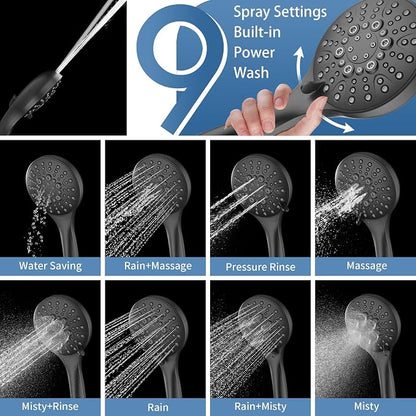BRIGHT SHOWERS Stainless Steel Slide Bar Grab Rail Set Ada Compliant, 5-Spray Handshower with Slide Bar Kit – Includes Handheld Shower Head and 69-Inch Hose, Matte Black