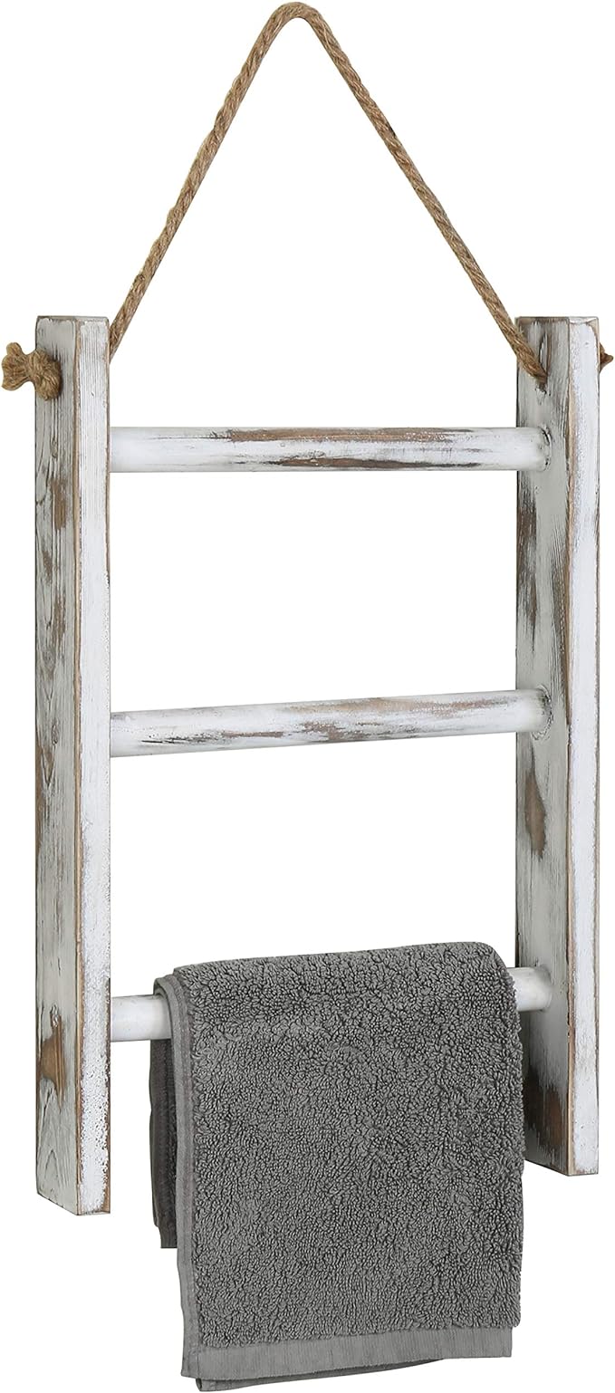 MyGift Rustic Hand Towel Holder, Whitewashed Solid Wood Farmhouse Bathroom Decor, Small Blanket Ladder for Home Decor, Wall Mounted Towel Rack for Shabby Chic Decor | Solid Wood Craftsmanship, Charming Ladder Design, Space Saving Mount, Cozy Cottage Ac...