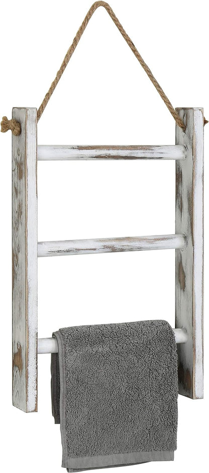 MyGift Rustic Hand Towel Holder, Whitewashed Solid Wood Farmhouse Bathroom Decor, Small Blanket Ladder for Home Decor, Wall Mounted Towel Rack for Shabby Chic Decor | Solid Wood Craftsmanship, Charming Ladder Design, Space Saving Mount, Cozy Cottage Ac...
