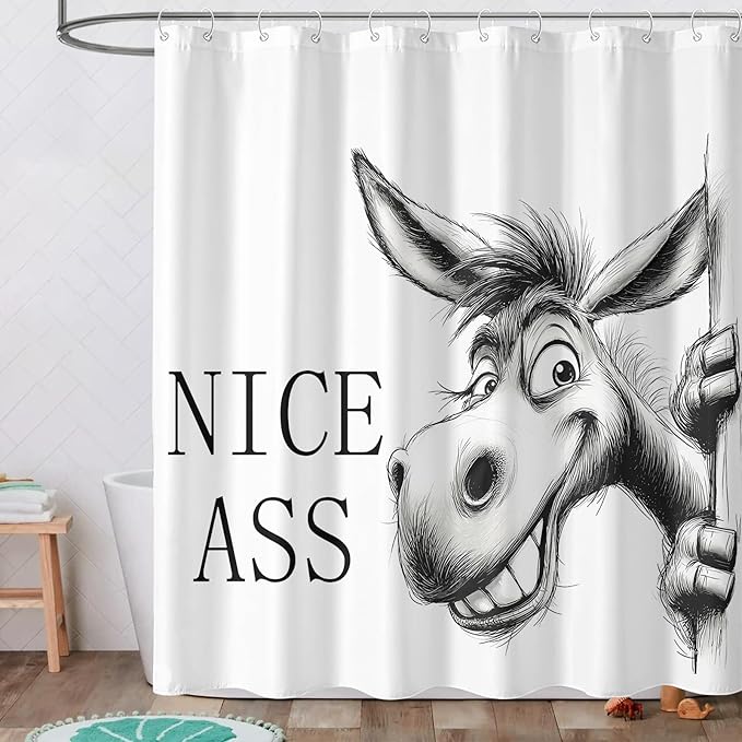 Funny Donkey Shower Curtain Rustic Farmhouse Shower Curtains for Bathroom Black and White Grin Donkey Fun Cute Animal Wildlife Waterproof Fabric Bath Curtain Decor 72 X 72 Inch