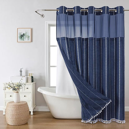 eachope Boho Farmhouse No Hook Shower Curtain with Liner,71x74,Navy Blue | Snap-in Liner,330GSM Thick Linen Textured Rustic Striped Design,Water-Repellent with Tassels and Sheer Window for Bathroom