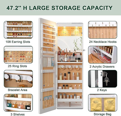 HNEBC Over the Door Jewelry Organizer with LED RGB Lights, 47.2" Full Length Mirror with Storage, Wall Mounted Jewelry Armoire, Hanging Mirror with 2 Drawers,Lokable,3 Shelves-White