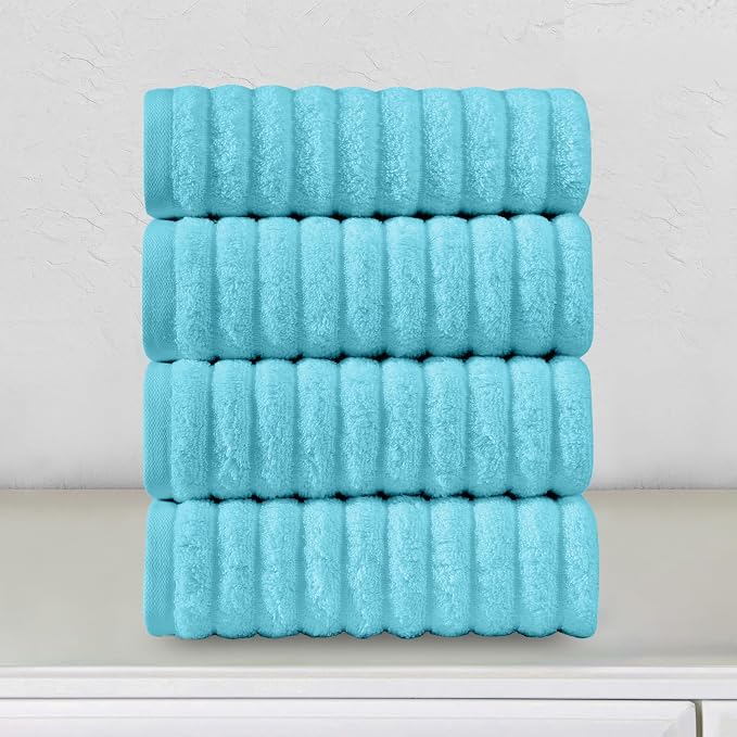 Elegant Comfort Luxury 100% Turkish Cotton Corduroy Ribbed 4 Pack Hand Towel Set 16 x 28 Inch - Absorbent, Super Soft, Quick Dry, Premium Towels for Bathroom, Gym, Spa and Hotel Use, Aqua