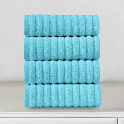 Elegant Comfort Luxury 100% Turkish Cotton Corduroy Ribbed 4 Pack Hand Towel Set 16 x 28 Inch - Absorbent, Super Soft, Quick Dry, Premium Towels for Bathroom, Gym, Spa and Hotel Use, Aqua