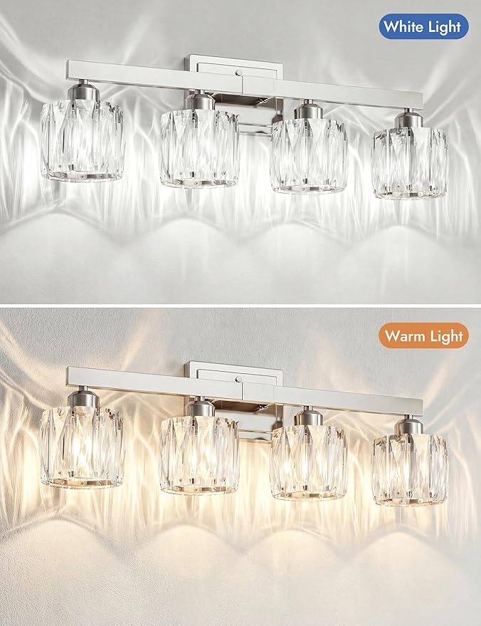 VOLISUN Crystal Vanity Lights for Bathroom, 4 Light Bathroom Vanity Light, Modern Stainless Steel Bathrooms Lights Over Mirror, Chrome Bathrooms Lights Fixtures-UL Certificated(Exclude Bulb)