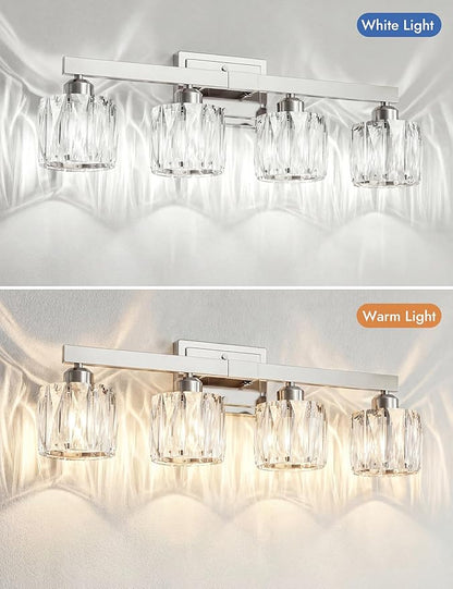 VOLISUN Crystal Vanity Lights for Bathroom, 4 Light Bathroom Vanity Light, Modern Stainless Steel Bathrooms Lights Over Mirror, Chrome Bathrooms Lights Fixtures-UL Certificated(Exclude Bulb)