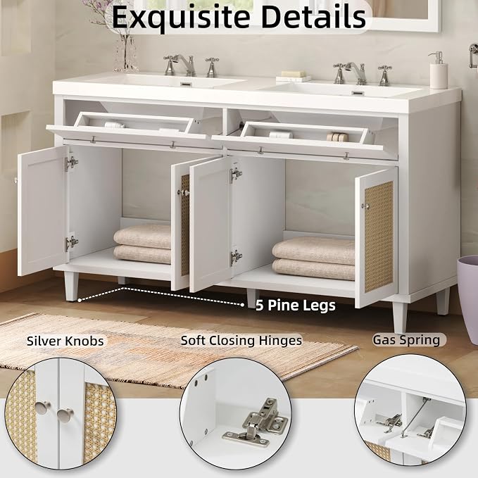 60" Double Sink Bathroom Vanity with Double Sinks, Soft Closing Doors and Flip-Out Drawers, Solid Wood Frame & MDF Modern Wood Bathroom Sink Cabinet, Freestanding Solid Wood Legs