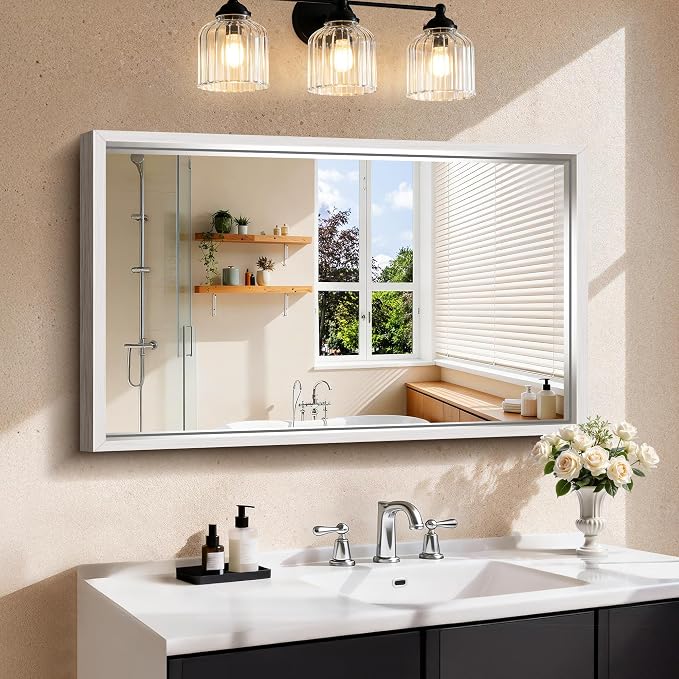 CIRCUMI 24"x40" Brushed Silver Bathroom Mirror, Rectangular Vanity Mirror | Chunky Box Metal Frame, Shatterproof, Tempered Glass, Bathroom Remodel&New Home,Wall Mirror for Over Sink,Living Room,Hallway