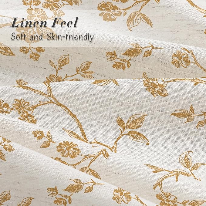 MitoVilla Yellow Linen Floral Shower Curtain for Bathroom, 72 x 72 | Yellow BoHo Cottagecore Spring Shower Curtains, Modern Farmhouse Country Plant Leaves Bathroom Décor, 72 x 72