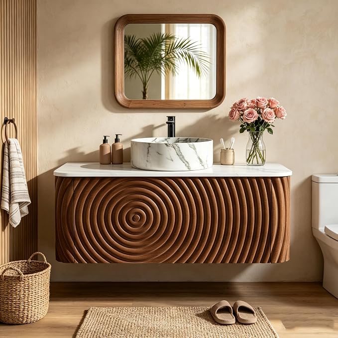 36" Floating Bathroom Vanity with Sink, Mid-Century Wall Mounted Bathroom Vanity Cabinet with Waved Decor, Marble Ceramic Basin, Sintered Stone Top, Soft Close Storage Drawer, Natural