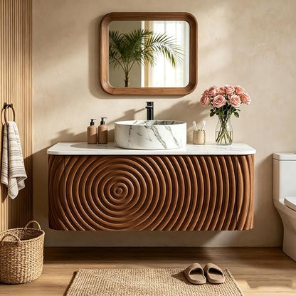 36" Floating Bathroom Vanity with Sink, Mid-Century Wall Mounted Bathroom Vanity Cabinet with Waved Decor, Marble Ceramic Basin, Sintered Stone Top, Soft Close Storage Drawer, Natural
