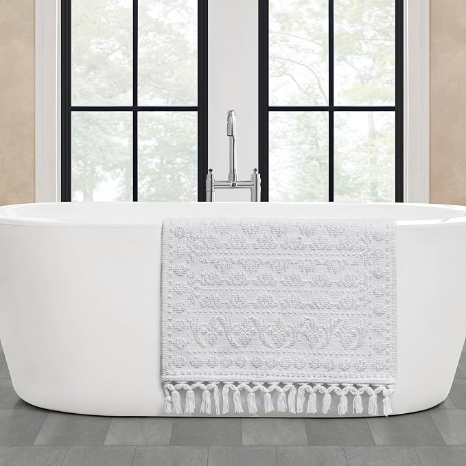 French Connection Nellore Bathroom Rugs, Woven and Beaded, Durable Bath Rugs, Thick Bath Mats for Bathroom and Shower Rugs, 24" x 64", White