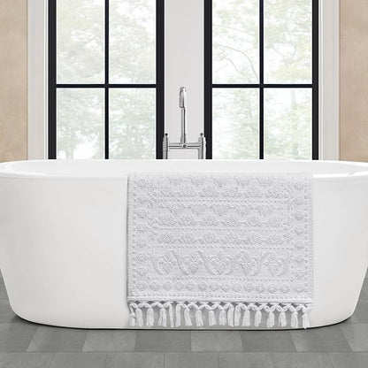 French Connection Nellore Bathroom Rugs, Woven and Beaded, Durable Bath Rugs, Thick Bath Mats for Bathroom and Shower Rugs, 24" x 64", White