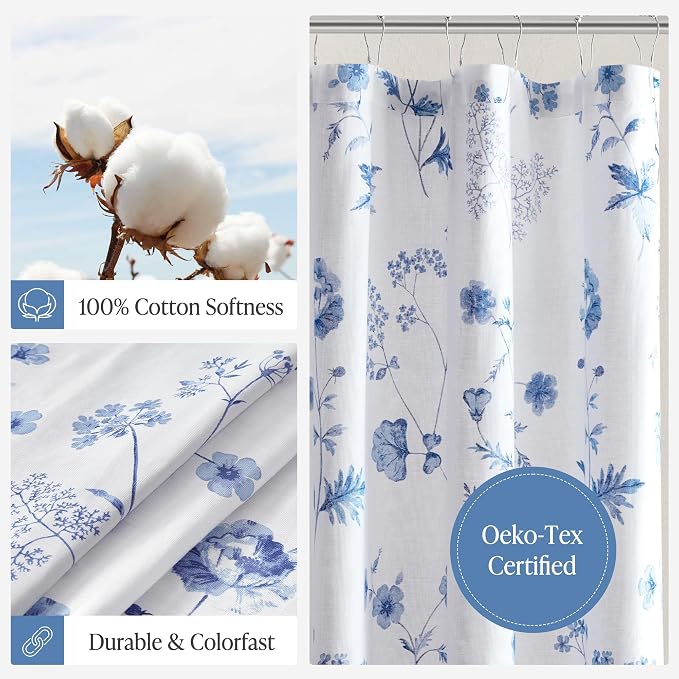 Martha Stewart Cotton Floral Extra Long Shower Curtain, 72 x 72, Blue | Martha's Garden Series, Botanical Floral Print, Spa Quality Modern, Machine Washable, Modern Bathroom Curtains