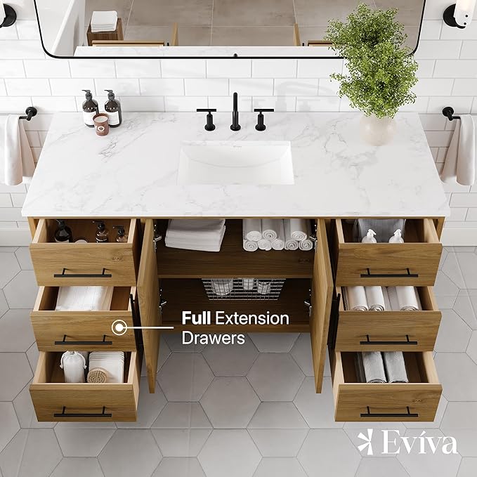 Eviva Graham 60 in. Oak Single Sink Bath Vanity with Arabescato Engineered Stone Top and Undermount Porcelain Sink