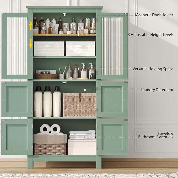 Akxomel 53.1" Tall Bathroom Cabinet 6 Doors Linen Floor Storage Cabinet | Bathroom Floor Cabinet with Adjustable Shelf, Pantry Cabinet for Living Room, Kitchen, Entryway, Green