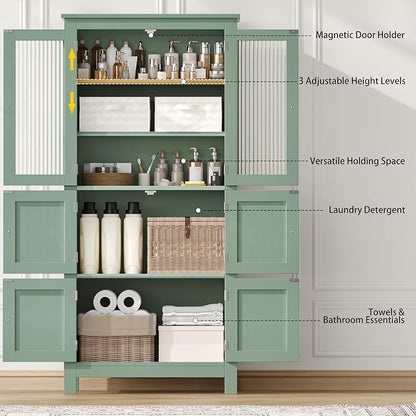 Akxomel 53.1" Tall Bathroom Cabinet 6 Doors Linen Floor Storage Cabinet | Bathroom Floor Cabinet with Adjustable Shelf, Pantry Cabinet for Living Room, Kitchen, Entryway, Green