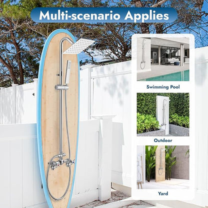 Wall Mounted Outdoor Shower Kit,Outdoor Shower Faucet,Polish Chrome | 6-Inch Square Rainfall Shower Head with Handheld Spray, Adjustable Slide Bar & Dual Function Design for Flexible Outdoor Use