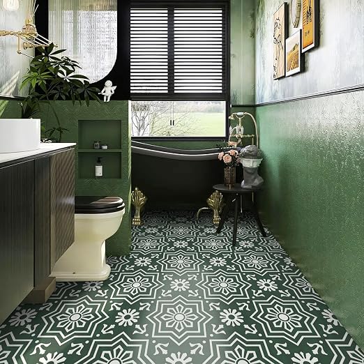 MORCART 20 Pack Peel and Stick Floor Tile, 7.87"x 7.87" Vinyl Flooring, Removable DIY Flooring for Bathroom, Kitchen, Fireplace, Stairs, Bedrooms, Wall, Pantry Room Waterproof Dark Green