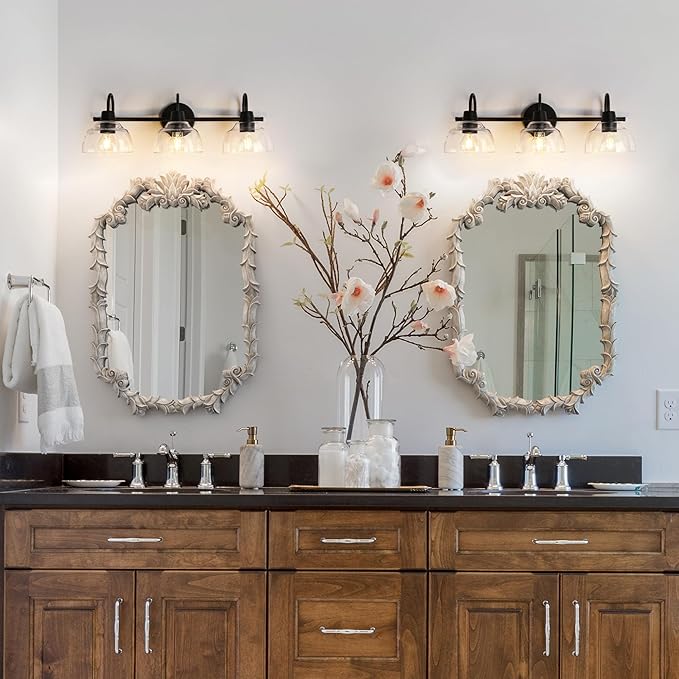 classy leaves Black Bathroom Light Fixtures, 3 Light Bathroom Vanity Lights with Clear Glass Modern Farmhouse Black Bathroom Sconce Wall Lighting