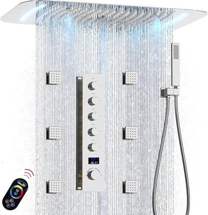 3 Functions Shower Head System Chrome Shower Faucet Set | 16X26 inch Ceiling Shower, 6 Body Jet, Handheld Shower, Temperature Display, 5 Functions Can All Run Together
