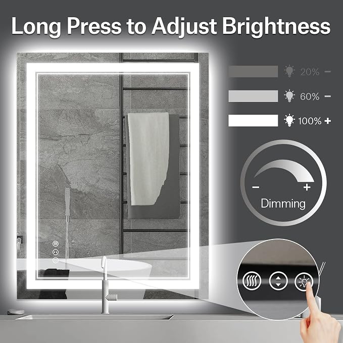 24x36 Inch LED Bathroom Mirror with Lights | Front and Backlit, 3 Colors, Dimmable, Memory, Anti Fog, Shatterproof, Horizontal/Vertical, Lighted Mirrors for Bathroom Wall