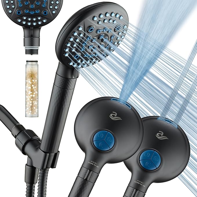 AquaCare 4X 10-Mode High Pressure Hand Shower w/Filter & 2-mode Power Wash | Filters Chlorine & Toxins, Softens Hard Water for Healthy Skin & Hair. Handheld Power Head Cleans Tub, Tile & Pets / Black