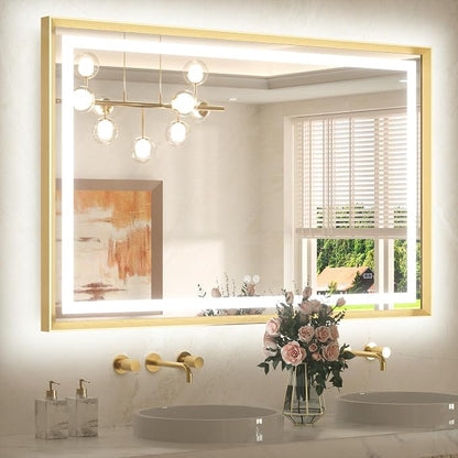 48 x 32 Bathroom LED Mirror Brushed Gold Metal Frame Frontlit & Backlit Vanity Mirror Stepless Dimmable Anti-Fog 3 Colors White/Warm/Natural Light up Vanity Wall-Mounted