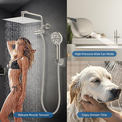 12" Metal Rainfall Shower Head with 10-Mode Handheld, Brushed Nickel | NSF/ANSI/CAN 372 Certified, High Pressure Showerhead Combo with 11" Adjustable Shower Arm, 71" Hose, Shower Head Holder