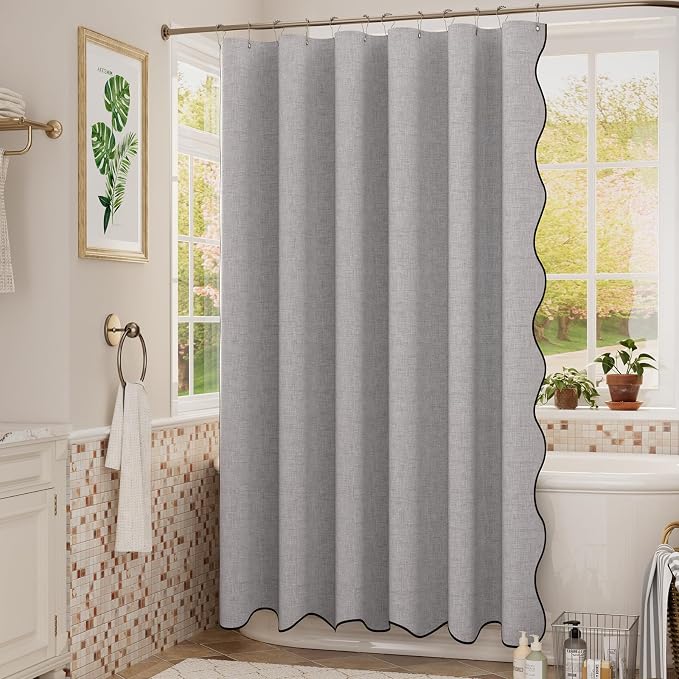 Bathway Modern Scalloped Shower Curtain Linen Textured, Light Gray Shower Curtain Set with 12 Metal Hooks, Neutral Cute Elegant Shower Curtain with Black Border for Bathroom, 72x72 Inches